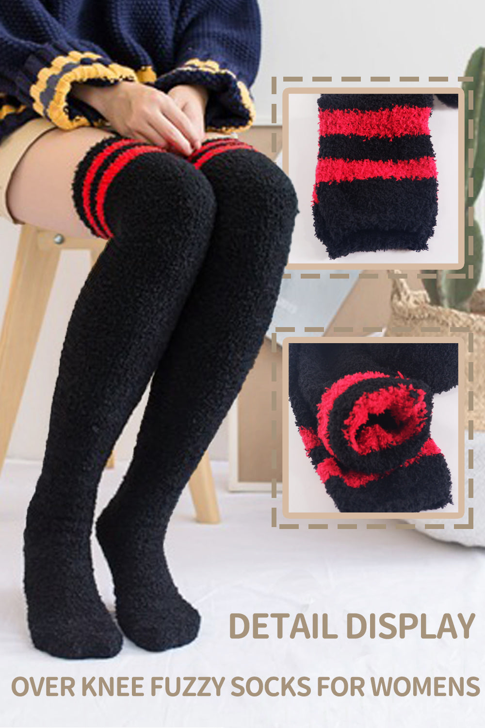 Women High Fuzzy Socks 1 Pair BlackRed