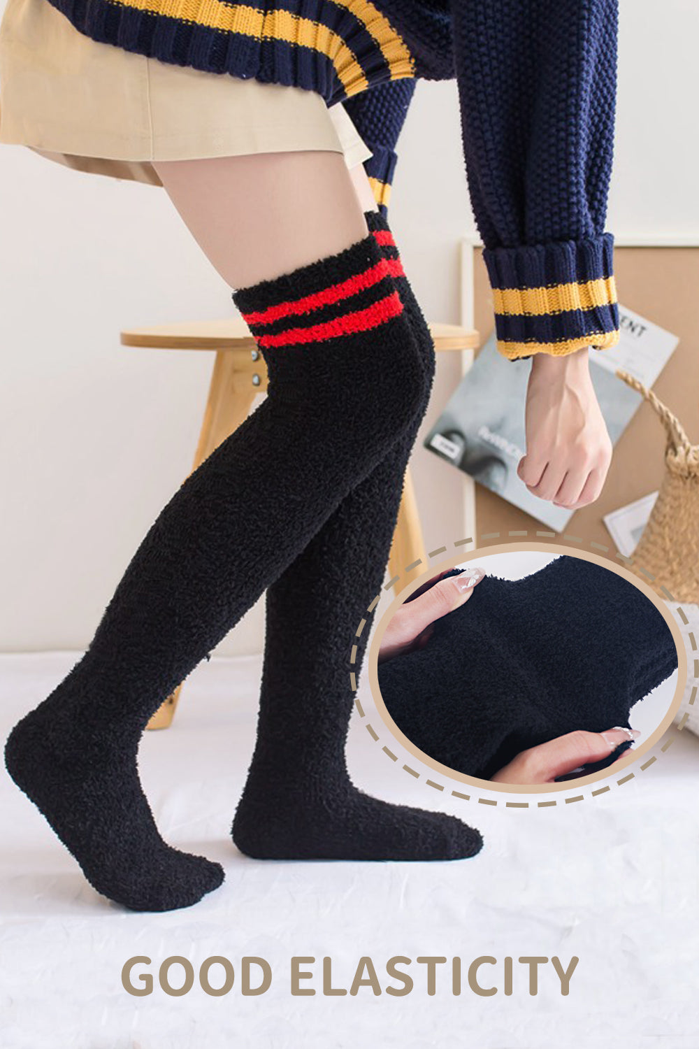 Women High Fuzzy Socks 1 Pair BlackRed