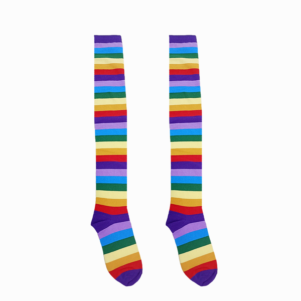 Cotton Striped Knee High Socks - Purple Rainbow