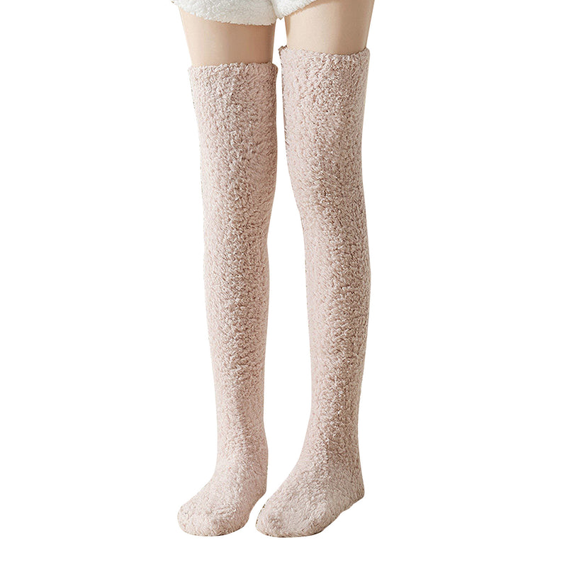 Womens Thigh High Fuzzy Socks-Brown