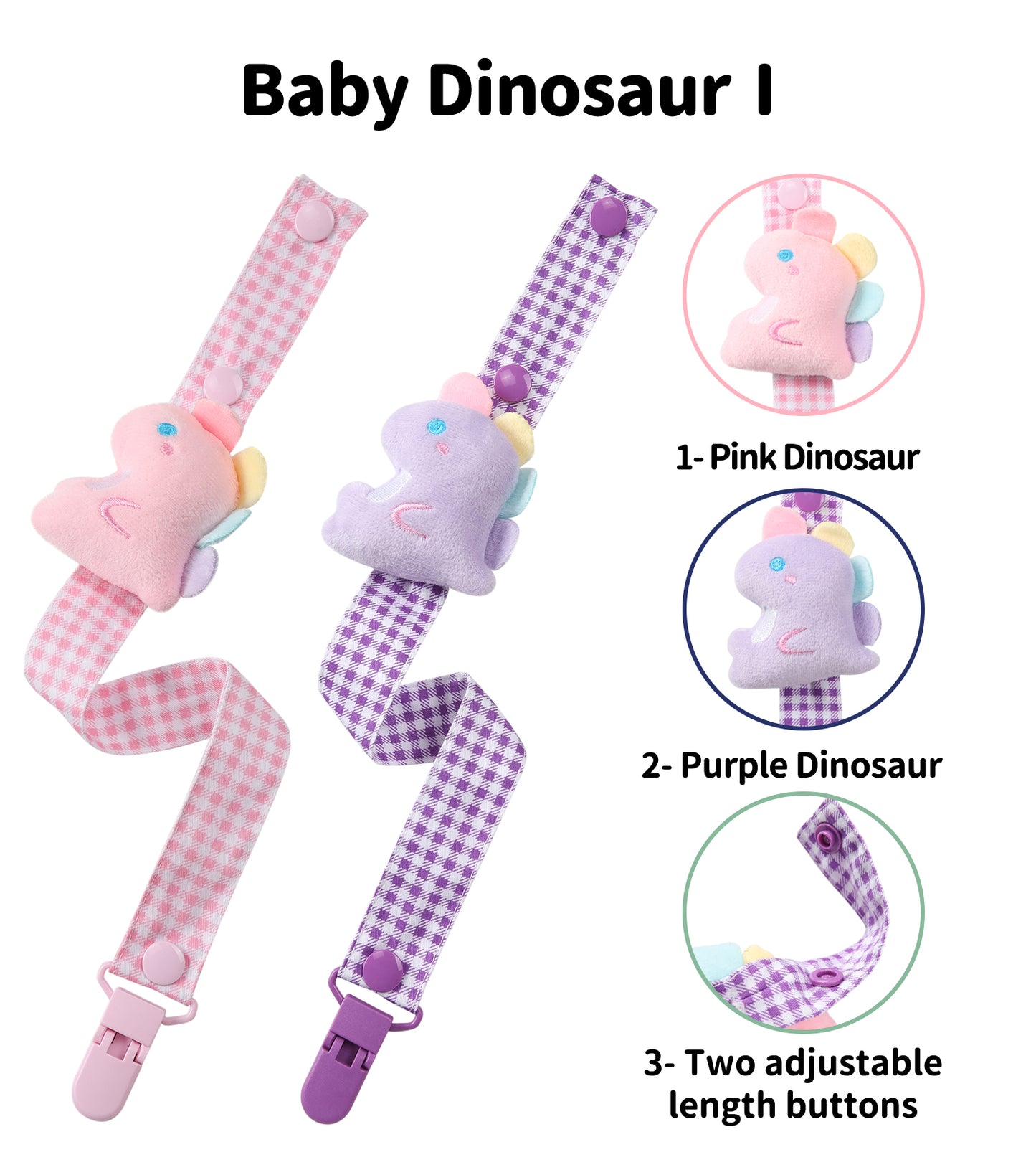 Baby Dinosaur Pacifier Clip - Pink & Purple