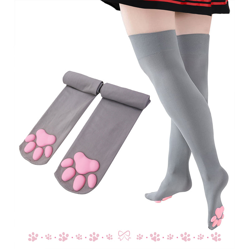 Cat Paw Thigh High Socks-Grey