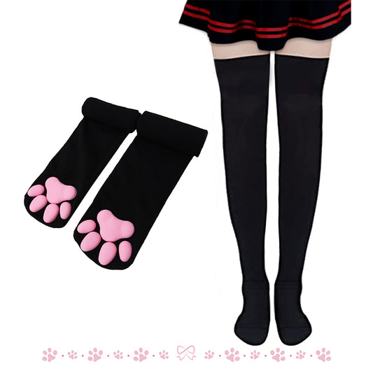 Cat Paw Thigh High Socks-Black