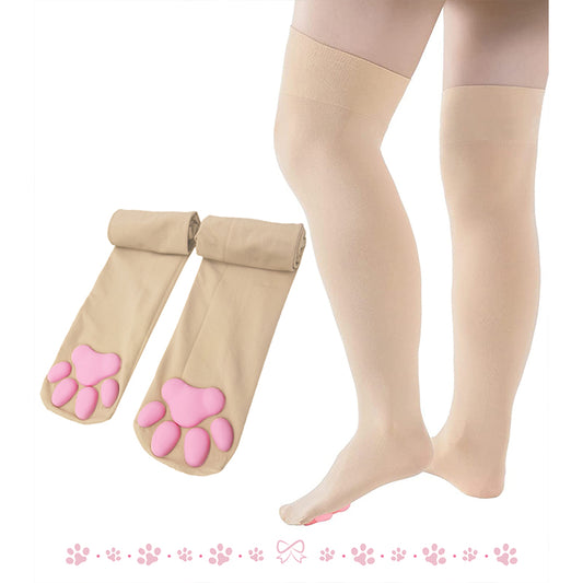 Cat Paw Thigh High Socks-Brown